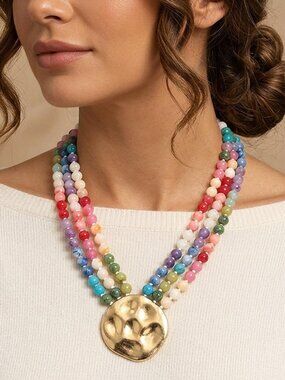 Beautiful Rainbow Beaded Electroplated Gold Disc Statement Trendy Style Necklace